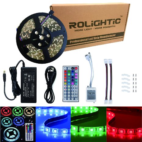 RoLightic 5M 16.4ft Led Strip Lights Waterproof 5050 RGB Color Changing Flexible Led Light Strip   44Key Remote Controller   12V 5A Power Supply