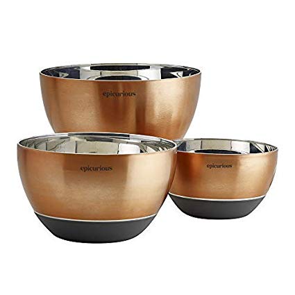 3-Piece Ultra Durable High Edges and Deep Wells Mixing Bowl Set with Non-Slip Silicone Base in Copper by Epicurious