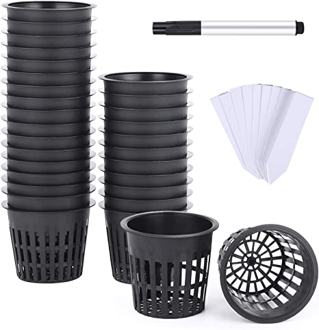 Ohuhu 3 Inch 30 Pack Net Pots Net Cups, Heavy Duty Plastic Net Pot with Wide Rim Design, Resilient Garden Slotted Mesh Cup with Pen & 30 PCS Plant Labels, Durable Bucket Baskets for Hydroponics