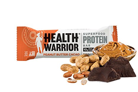 HEALTH WARRIOR Superfood Protein Bars, Peanut Butter Cacao, Plant-Based Protein, 50g bars, 12 count