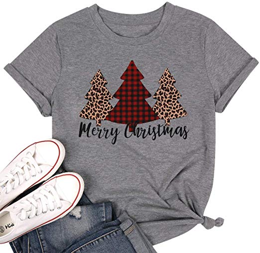 Women Merry Christmas Leopard Plaid Tree Shirt Top Short Sleeve Casual Graphic Print T Shirt