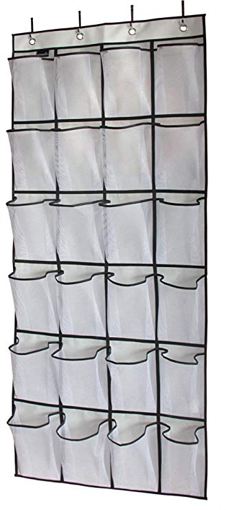 MISSLO Over the Door Hanging Shoe Organiser 24 Large Mesh Storage Pockets (White)