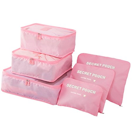 6Pcs Packing Cubes Travel Organizers Essential Bags Luggage Compression Storage Pouches (Pink)