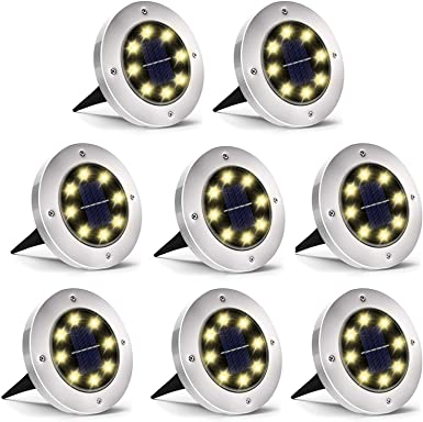 INCX Solar Ground Lights, 8 LED Garden Lights Solar Powered,Disk Lights Waterproof In-Ground Outdoor Landscape Lighting for Patio Pathway Lawn Yard Deck Driveway Walkway,Warm White 8 Packs