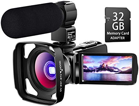 【Full Upgrade】 Ultra HD Video Camera Camcorder with Powerful Microphone 1080P Vlogging Camera YouTube Digital Recorder Camera Remote Control IR Night Vision,Lens Hood, Battery Charger