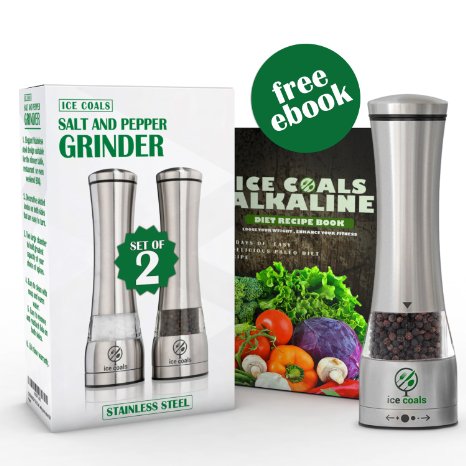 Salt and Pepper Grinder Set, Salt & Pepper Mill (2 count) - with Adjustable Ceramic Grinding Mechanism - Premium Quality Stainless Steel - Complimentary exclusive recipe VIP Membership included!
