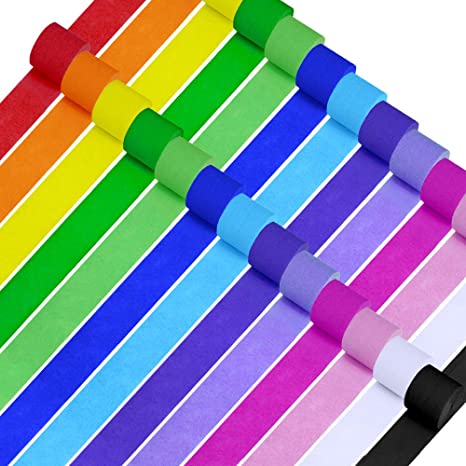 26 Rolls 710 Yard Party Streamers Rainbow Streamers Photo Booth Backdrop Decorations Red Green Blue White Black Crepe Paper Decorative Streamers 1.8" W x 27 Yard/roll for Birthday Holiday Mexican Festival Party Decor