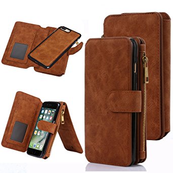 iPhone 7 Plus Case, CaseUp 12 Card Slot Series - [Zipper Cash Storage] Premium Flip PU Leather Wallet Case Cover With Detachable Magnetic Hard Case For Apple iPhone 7 Plus (5.5 Inch) - Brown