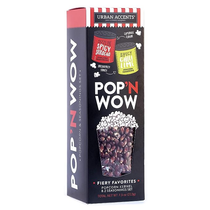 Urban Accents Pop ‘n ‘Wow Flavors for Popcorn – Fiery Favorites Popcorn Kernels and Popcorn Seasoning Variety Pack - Non-GMO Kernel Popcorn, Spicy Sriracha and Chili Lime Popcorn Toppings