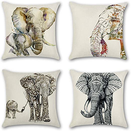 Artscope Decorative Cushion Covers 18 x 18 Inch Square Cotton Linen Throw Pillow Covers Pillowcases for Sofa Car 45 x 45 cm, 4 Pack (Elephant)
