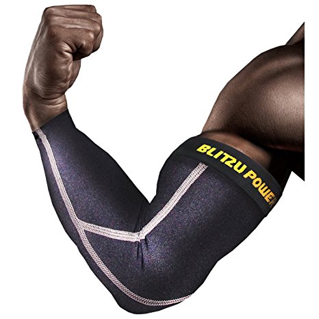 Elbow Compression Sleeve (1 Pair) Blitzu POWER   Biceps Arm Brace Support. Premium Shooter Sleeves. For Basketball, Baseball, Tennis, Yoga, Golf.