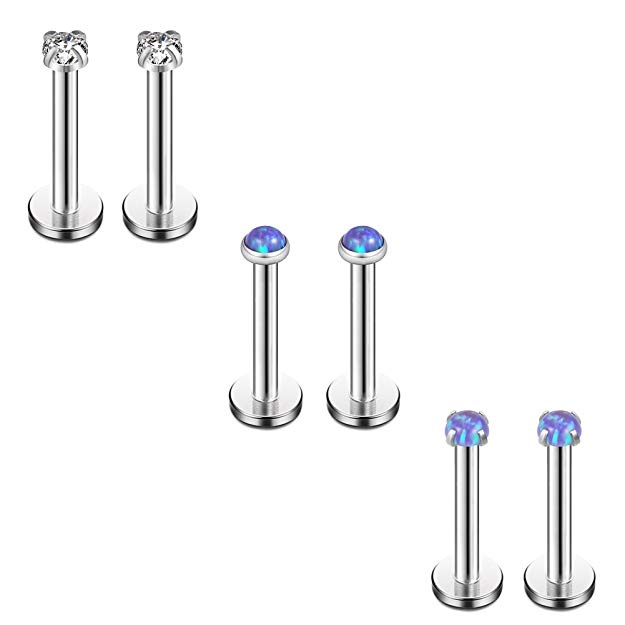 Ruifan Opal & Clear CZ Internally Threaded Stainless Steel Labret Monroe Lip Ring Tragus Helix Earring Stud 16G 1/4" 6mm 6PCS