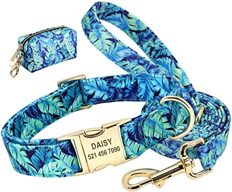 Beirui Personalized Dog Collar and Leash Set with Cute Bag - Floral Pattern Laser Engraving Pet ID Collars,Convenient for Travel Walking and Camping