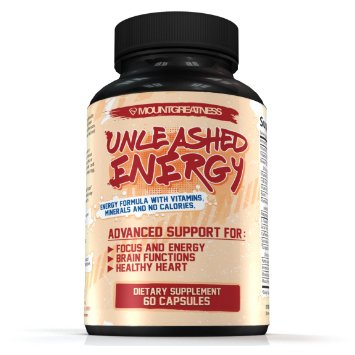 Unleashed Energy - Advanced Support for Focus and Energy, Brain Functions, Healthy Heart - Nootropics Supplement - B Vitamins - Caffeine - No Calories - 60 Capsules - Money Back Guaranteed
