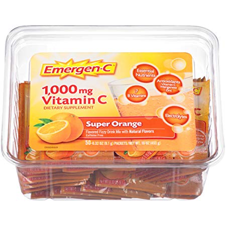 Emergen-C (50 Count, Super Orange Flavor) Dietary Supplement Fizzy Drink Mix Office Tub with 1000mg Vitamin C, 0.32 Ounce Powder Packets, Caffeine Free