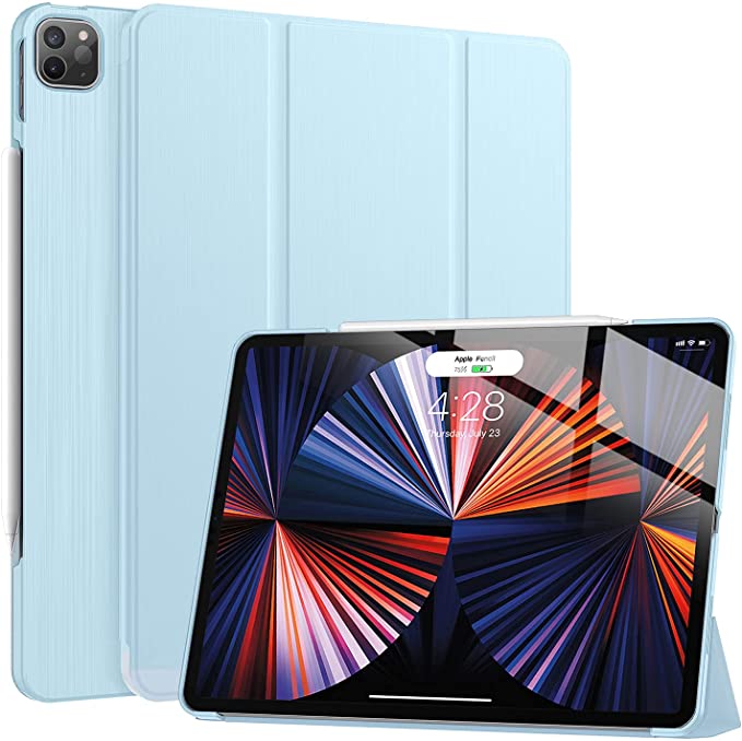 Soke New iPad Pro 12.9 Case 2021(5th Generation) - [Slim Trifold Stand   2nd Gen Apple Pencil Charging   Smart Auto Wake/Sleep],Premium Protective Hard PC Back Cover for iPad Pro 12.9 inch(Ice Blue)