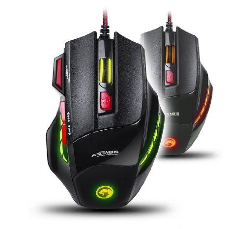 Gaming Mice with Fire Button and 7 Button Marvo M-315 USB Ergonomic Wired Gaming Mouse 2400DPI 3-Color LED Light PC Mouse for PC/Laptops/Computer