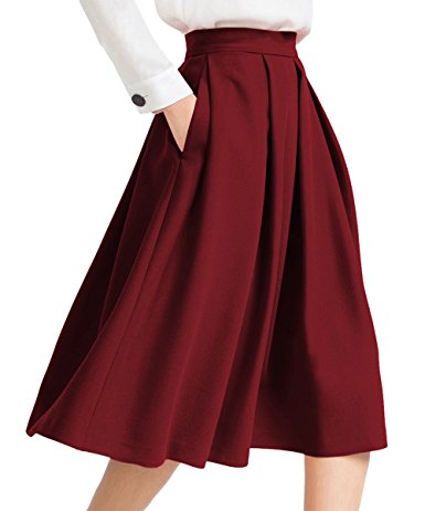 Yige Women's High Waist Flared Skirt Pleated Midi Skirt with Pocket