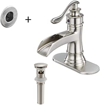 BWE Bathroom Sink Faucet Brushed Nickel Waterfall Pop Up Drain with Overflow Assembly Bundle Sink Basin Trim Overflow Cover