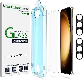 (2 2 Pack) amFilm OneTouch Compatible with Samsung Galaxy S23 Plus 5G Tempered Glass Screen Protector, 9H Hardness with 2 Pack Tempered Glass Camera Lens Protector, Easiest to Installation and Bubble Free