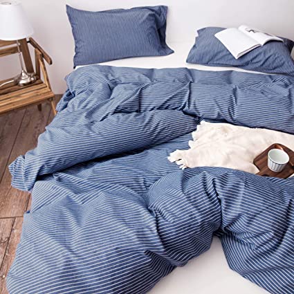 Roore Blue Pinstripe 100% Stone Washed Cotton Duvet Cover Set I 3 Piece Bedding Set (2 Pillow Shams and 1 Duvet Cover) I Soft Wrinkled Striped Design (Blue Pinstripe, King)