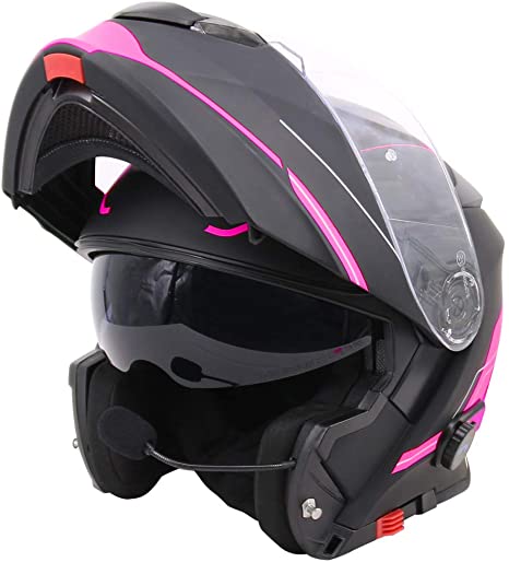 Leopard LEO-727 BL-A4 Anti-fog Visor Flip up Motorbike Bluetooth Helmet Motorcycle Dual-Speaker Headset,Hands-Free - Matt Black/Pink M (57-58cm) - Noise-Free,Automatic Answering,Double Visor