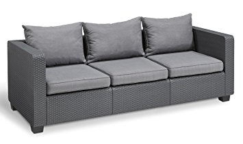 Keter Salta 3-Seater Seating Patio Sofa with Sunbrella Cushions in a Resin Plastic Wicker Pattern, Modern Graphite/Cool Grey