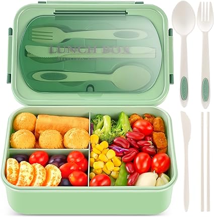 MYSEXY Bento Lunch Box for 3  Year Old Kids and Adults with 3 Compartment Leak Proof Lunch Boxes for Men Women Food Containers with Spoon Fork Knife Chopsticks - 1400 ML (Green)