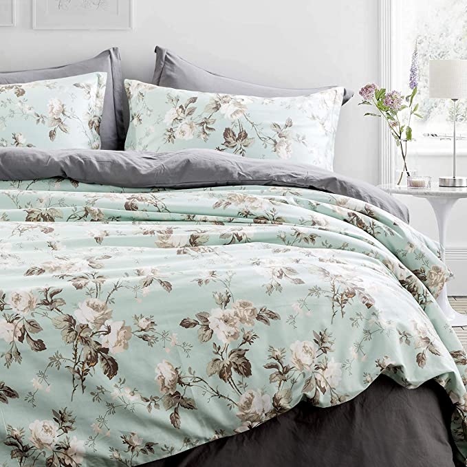 Eikei Shabby Chic Floral Duvet Cover and Pillowcases Set Cottage Garden Botanical Nature Flowers Cabbage Roses Peony Rosy Vines Farmhouse Bedding Toile French Country Style (Pale Blue, King)