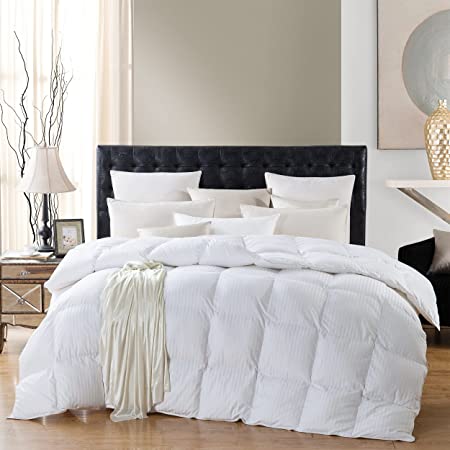 Luxurious All-Season Goose Down Feather Fiber Comforter Duvet Insert, Exquisite King White Stripe Design, Premium Baffle Box, 100% Cotton Down Proof Fabric, 65 oz. Fill Weight