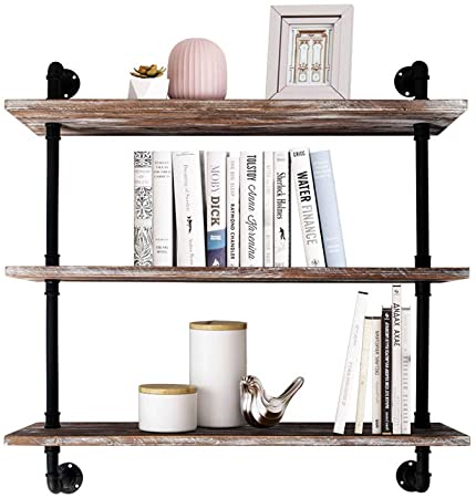 AZ L1 Life Concept Industrial Pipe Bookcase Shelf Retro Floating Wood Shelving, 36 inch, Weatherd Brown