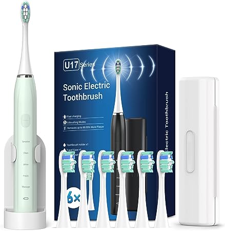Electric Toothbrush for Adults and Kids - Sonic Toothbrushes Rechargeable Electric Toothbrushes with 6 Brush Heads, 5 Cleaning Modes, Travel Case (Light Green)