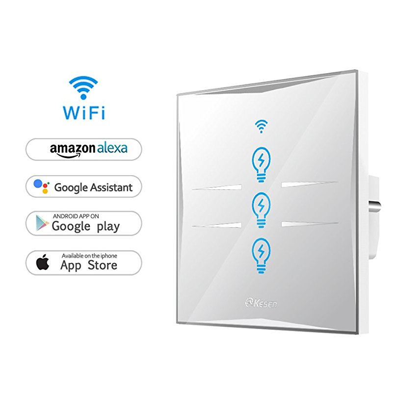 Wifi Smart Light Switch, In-wall Tempered Glass Touch-Screen WLAN Light Switch,Works With Amazon Alexa And Google Home,Control Your Fixtures From Anywhere,Timing Function,Overload Protection,No Hub Required (Switch-3 Gang)
