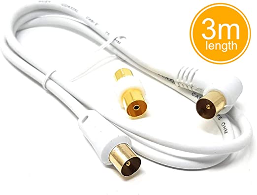 3m Long Tv Aerial Right Angle with Plug Adapter Coaxial Satellite Cable TV Antenna AV Lead Male to Male Coax Extension Cable Gold Plated Connectors White Flylead for Freeview, Sky/SkyHD, Virgin, BT