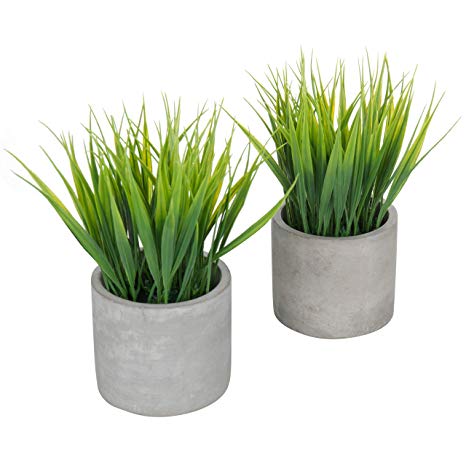 MyGift Tabletop Artificial Grass Plants in Modern Cement Pots, Set of 2