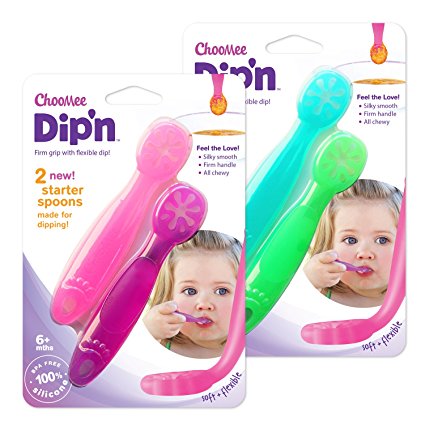 ChooMee Dipn - 100% Silicone Starter Spoon | Dual Flex - Firm Handle and Soft Spoon, Bends With Every Bowl | 4 CT | Four Colors