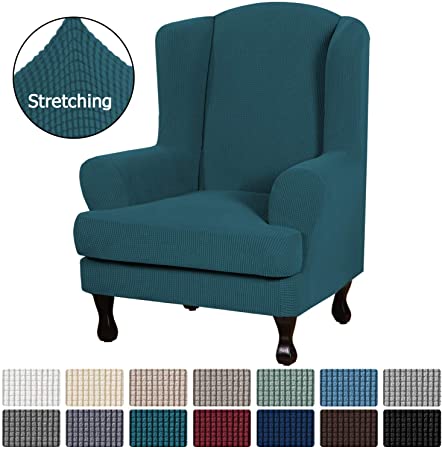 H.VERSAILTEX 2 Piece Wingback Chair Slipcover Wing Chair Sofa Cover Arm Chair Furniture Cover Slipcover High Stretch Modern Spandex Knitted Jacquard Fabric Stay in Place Machine Washable, Deep Teal