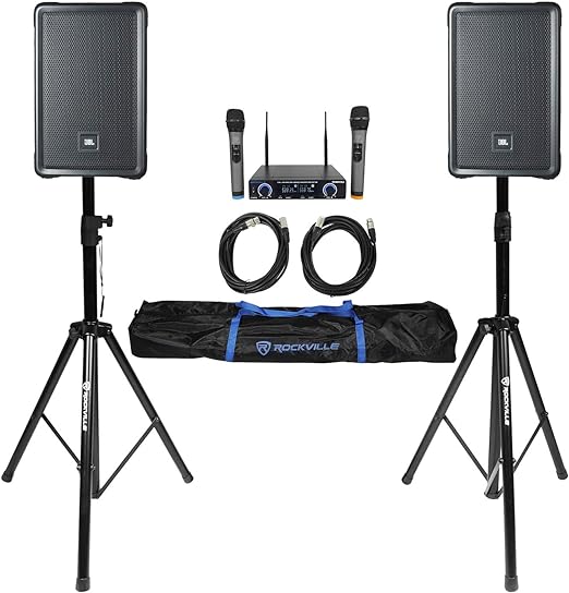 2 JBL IRX108BT 8" 1000w Powered DJ Portable PA Speakers w/Bluetooth Stands Mics