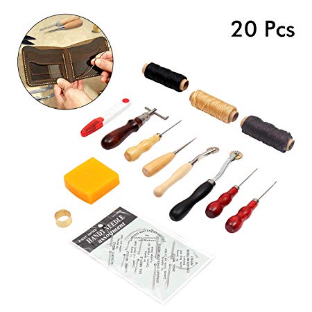 Leather Sewing Kit – 20 Pcs DIY Leather Craft Tools with Drilling Awl, Stitching Spacer, Sewing Needle, Thimble Ring, Beewax and Waxed Thread for Upholstery, Leather Hand Perforation – Sail Repair Kit