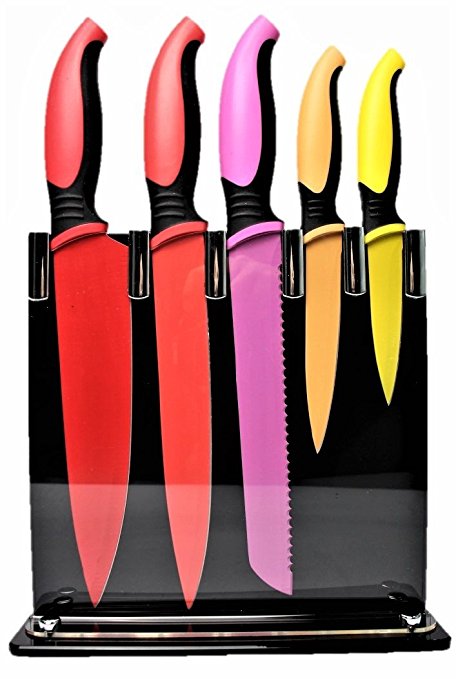 Kitchenson RAZOR SHARP 6-Piece Colored Kitchen Knife Set with Acrylic Knife Block, Non-Stick Colorful Knife Set, Stainless Steel Blade Anti-Slip Handle, Chef, Bread, Slicer, Utility, & Paring Knife
