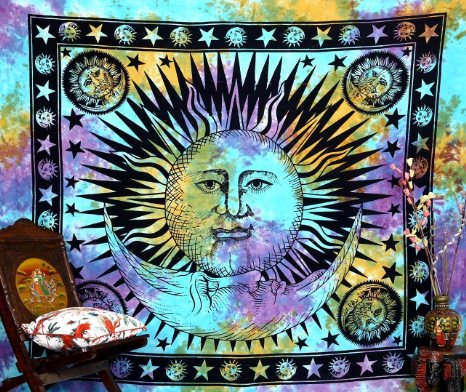 Psychedelic Celestial Indian Sun Hippie Hippy Tapestry Wall Hanging Throw Tie Dye Hippie Hippy Boho Bohemian Tye Die Hand-loomed Window Doorway Door Curtain