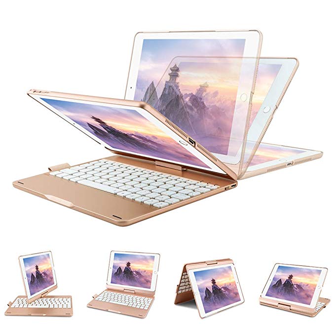 iPad Keyboard Case for iPad 2018 (6th Gen), iPad 2017 (5th Gen), iPad Pro 9.7, iPad Air 2 and 1, 360 Rotatable, Wireless, BT, Backlit 7 Color - iPad Case with Keyboard and Pencil Holder(Rose Gold)