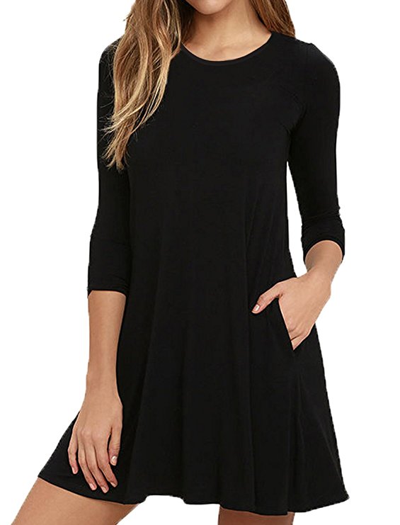 Viishow Womens Round Neck 3/4 Sleeves A-line Casual Tshirt Dress with Pocket