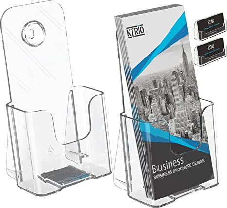 2 Pack Acrylic Brochure Holder Clear Flyer Holder Plastic Literature Holder with 2 Pack Plastic Business Card Holder Display Ideal for Office Business