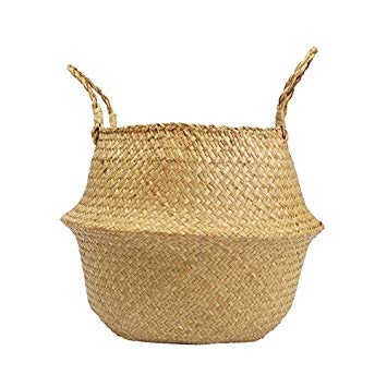 RISEON Natural Seagrass Belly Basket Panier Storage Plant Pot Collapsible Nursery Laundry Tote Bag with Handles (18" (45x36cm))