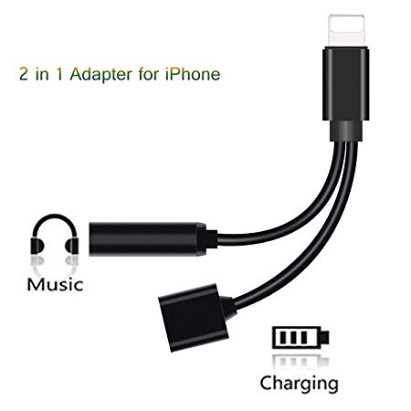 Headphone Adapter for iPhone X Earphone 3.5mm Jack AUX Audio Adaptor Splitter Earphone Convertor Music & Charge Accessories for iPhone 7/7 Plus/8/8Plus/X/XR/XS Max Support All iOS - Black