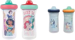 Disney Princess and Bluey Insulated Sippy Cups with Silicone Valves, Bite-Resistant Spouts, and Drop Guards - 2-9 oz Cups