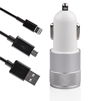 Complete Universal Car Charging Kit: 2 Port USB Car Charger in Silver, iPhone Cable 3FT Cable and micro-USB/Andriod 3FT Cable – 2.1V and 1.0A Ports - 7 6S Plus 6 Plus 6 5SE 5S 5 5C 4S Galaxy S7 S6
