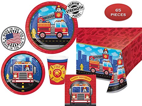 FLAMING FIRETRUCK Birthday Party Plates, Napkins, Cups   Tablecover - Firefighters, Dalmatian and Fire Trucks Birthday Party | 65 pieces |16 guests | MADE IN THE USA