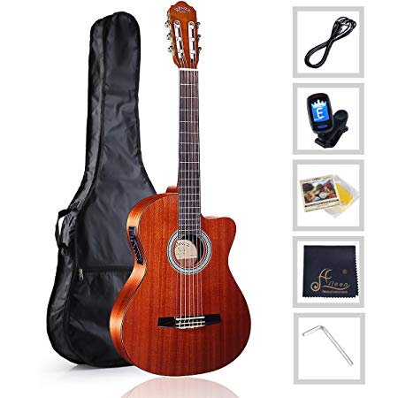 Guitar 39" Classical Cutaway Acoustic Electric with Strings, Bag, Cleaning Cloth, Tuner and Cable